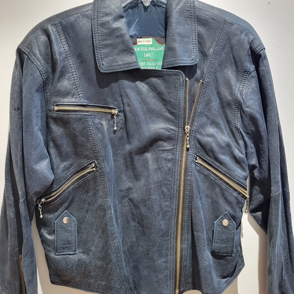 Men's Dark Blue Leather Bomber Jacket - Picture 2 of 13